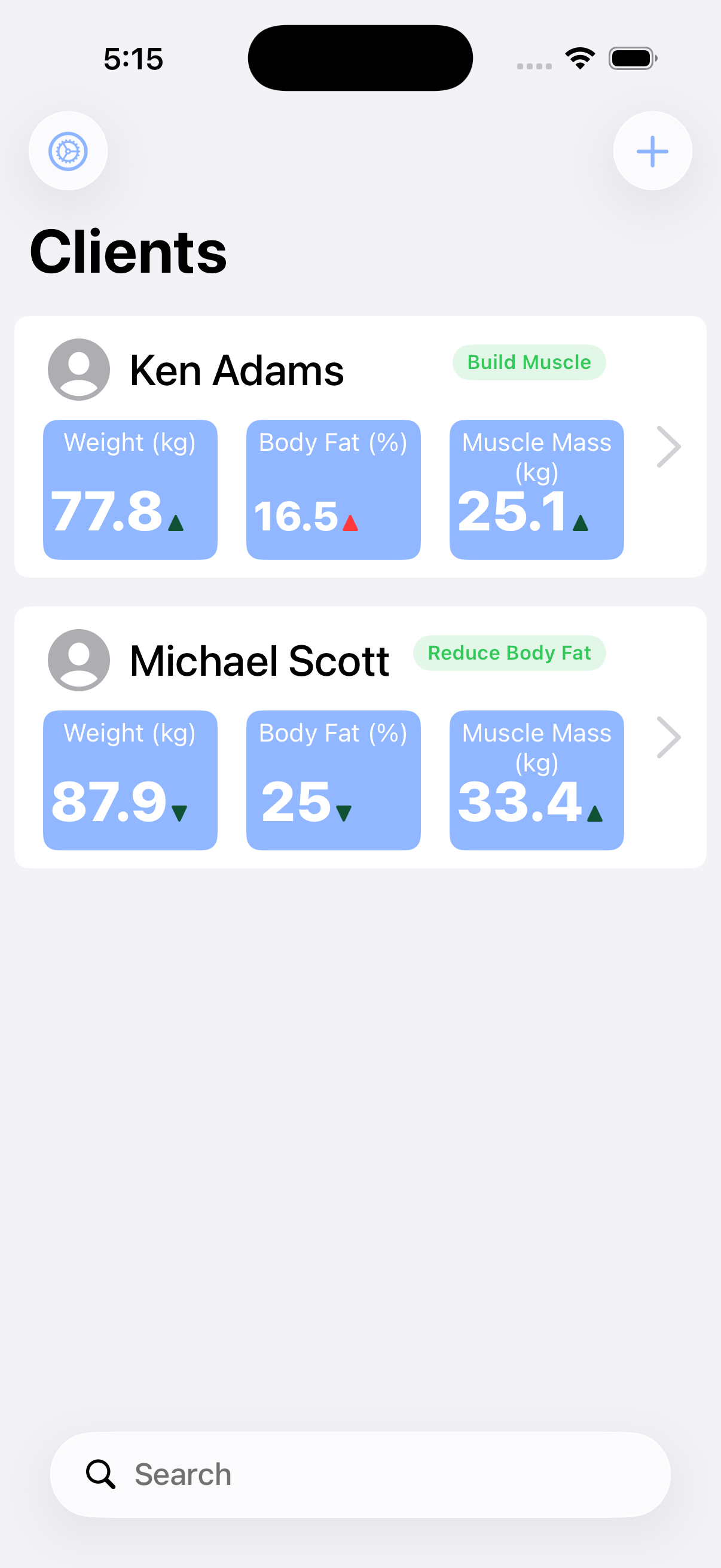 TrainersKit client list showing fitness measurements and goals